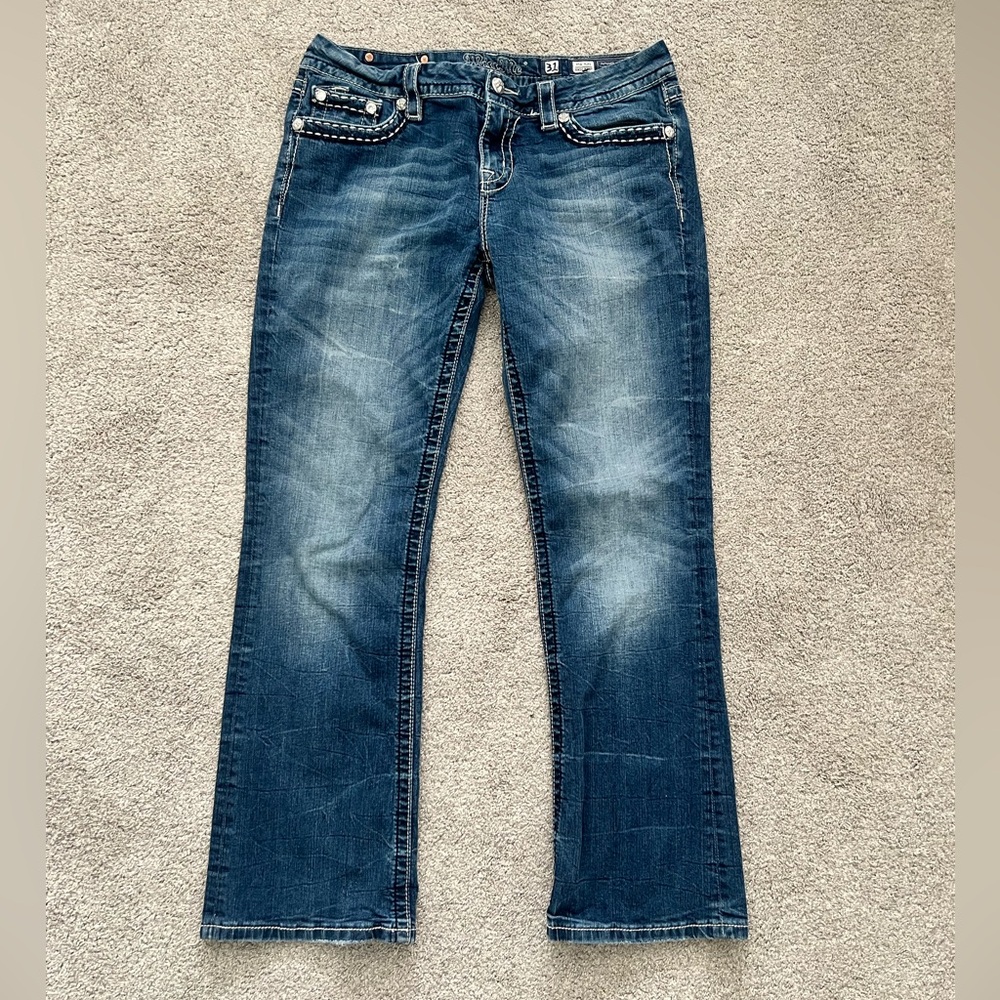 Miss Me Jeans Size 31 x 30 Easy Boot Thick Stitch Flap Pocket Embellished Y2k